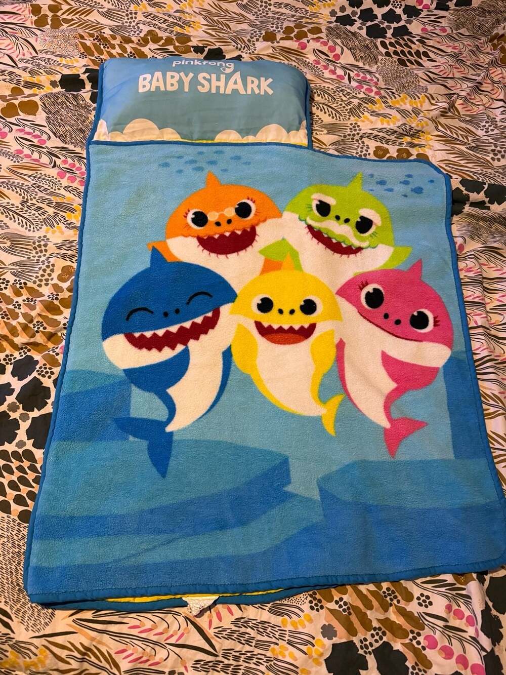 NoJo Baby Shark Toddler Nap Mat with Removable Pillow and Attached Blanket